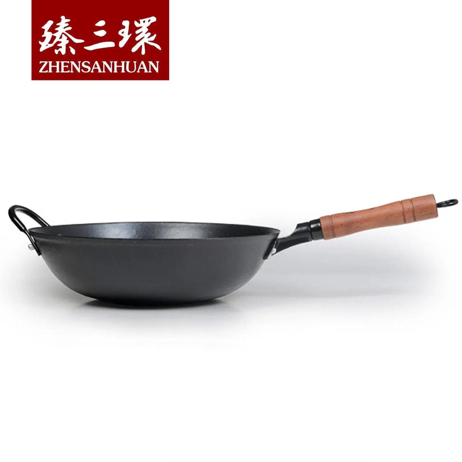 臻三环 ZhenSanHuan Cast Iron Woks and Stir Fry Pans, No Coating, Induction Suitable, Flat Bottom (34CM/13.4in)