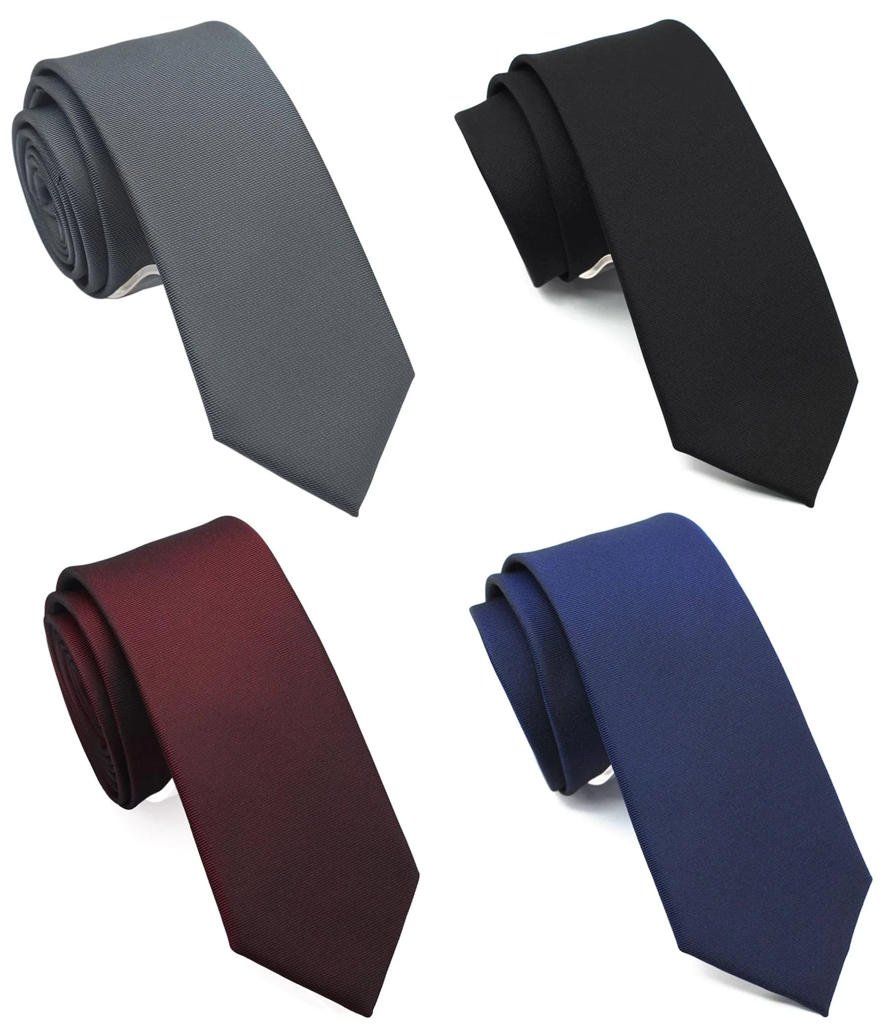 ZENXUS Skinny Solid Ties for Men, 2.5 inch Slim Neckties Matte Plain Assorted, Navy, Gray, Burgundy, Black, 4-Pack plus Silver Tie Bar