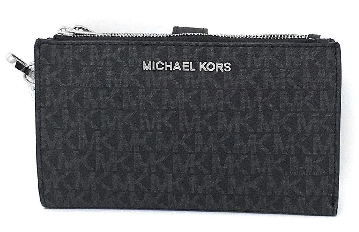 Michael Kors Jet Set Travel Double Zip Saffiano Leather Wristlet Wallet (Black Pvc/Silver Hardware)