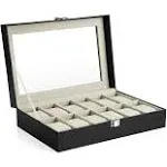 SONGMICS 12 Slots Watch Box with Glass Lid, Black + Beige