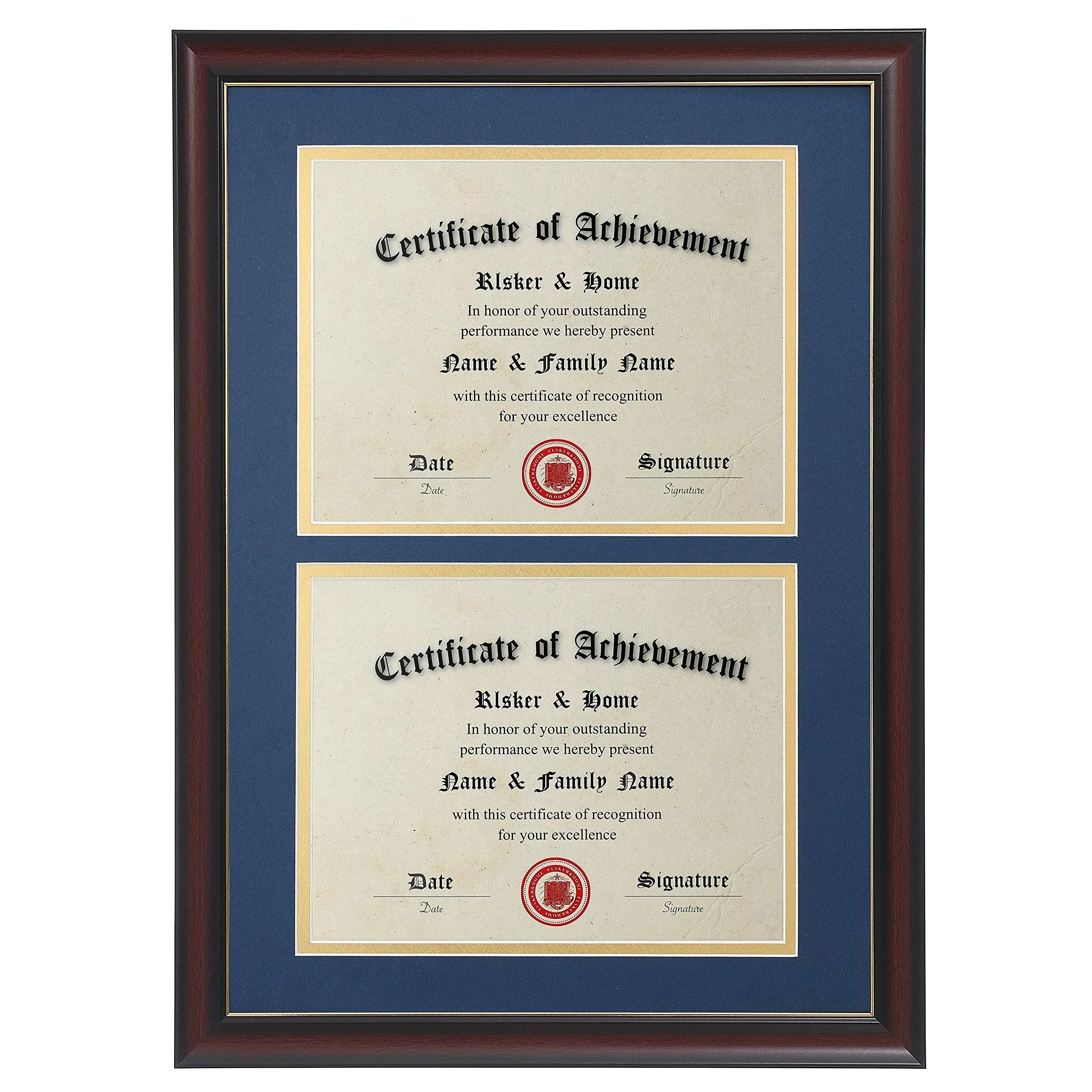 ELSKER&HOME Double Certificate Frame-Cherry Wood Color Golden Rim- 2.0 mm Panels-Made for Document&diploma for Two 8.5x11 inch with Mat and 14x20