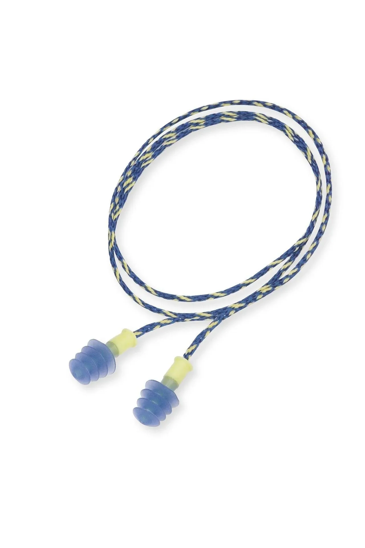 Leight Multiple Use Fusion 4-Flange Blue And Yellow Thermal Plastic Urethane Corded Earplugs With Detachable Nylon Cord (1 Pair Per HearPack, 100 Pair Per Box) [Set of 100]