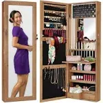 Best Choice Products Hanging Mirror Jewelry Armoire, Door or Wall Mounted Cabinet w/ LED Lights, Lock - Rustic Brown