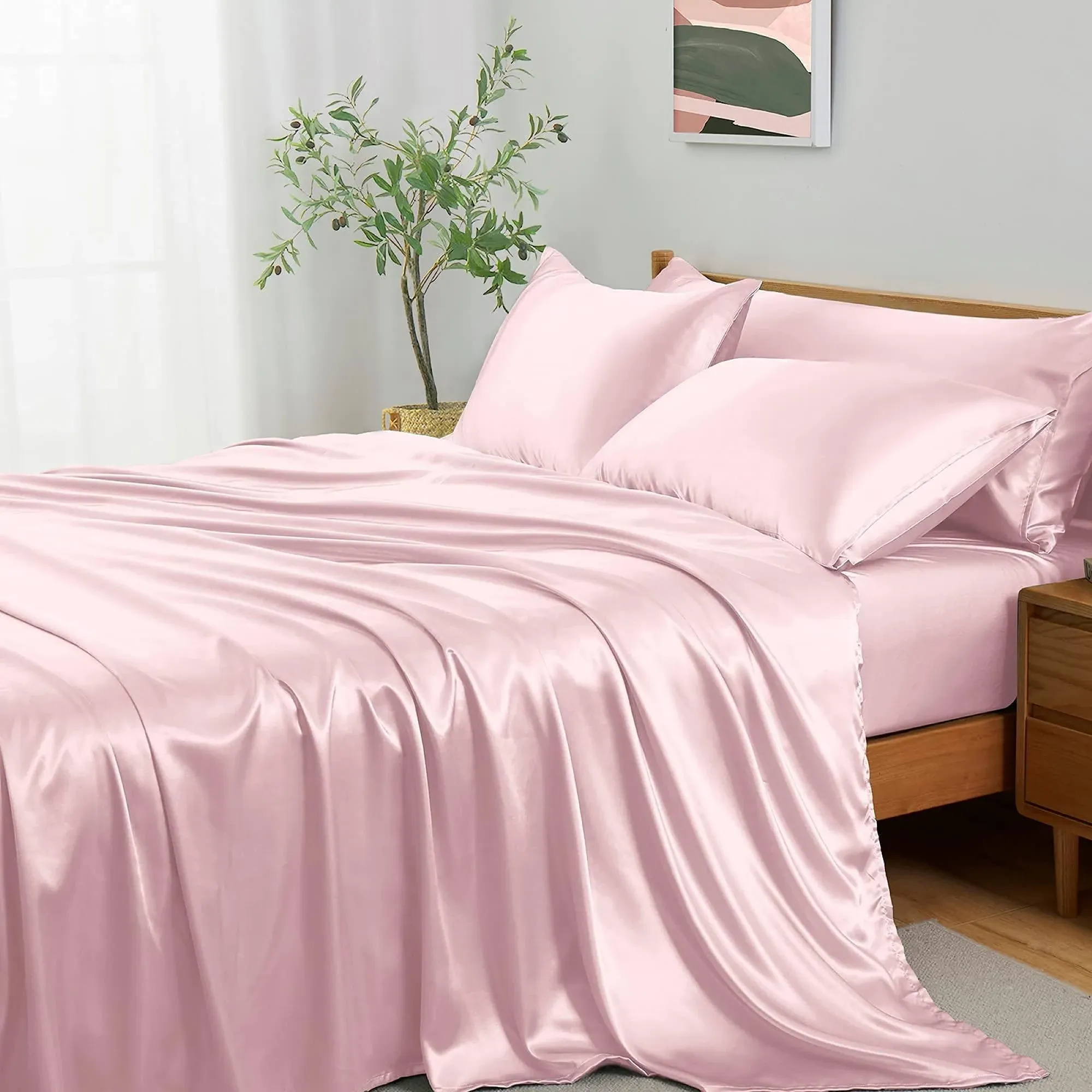 Entisn 5Pcs Silky Satin Sheets Set, Queen Size Satin Bed Sheets Set, Blush Pink