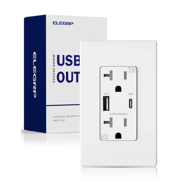 ELEGRP USB Outlet Receptacle, 30W Fast Charge & Power Delivery USB C Wall Outlet, 15 Amp Wall Outlet with USB C Ports, Tamper Resistant, UL Listed, Wall Plate Included, 1 Pack, Matte White