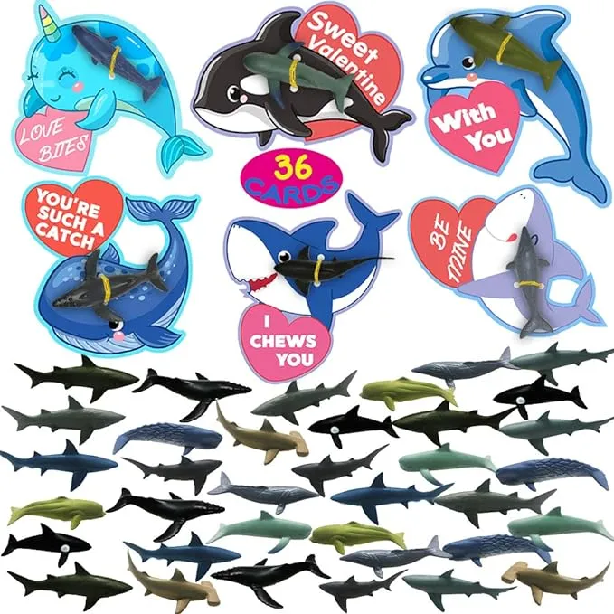 36 Pack Valentines Day Gifts Cards with Sea Ocean Animal Figurines Toys, 