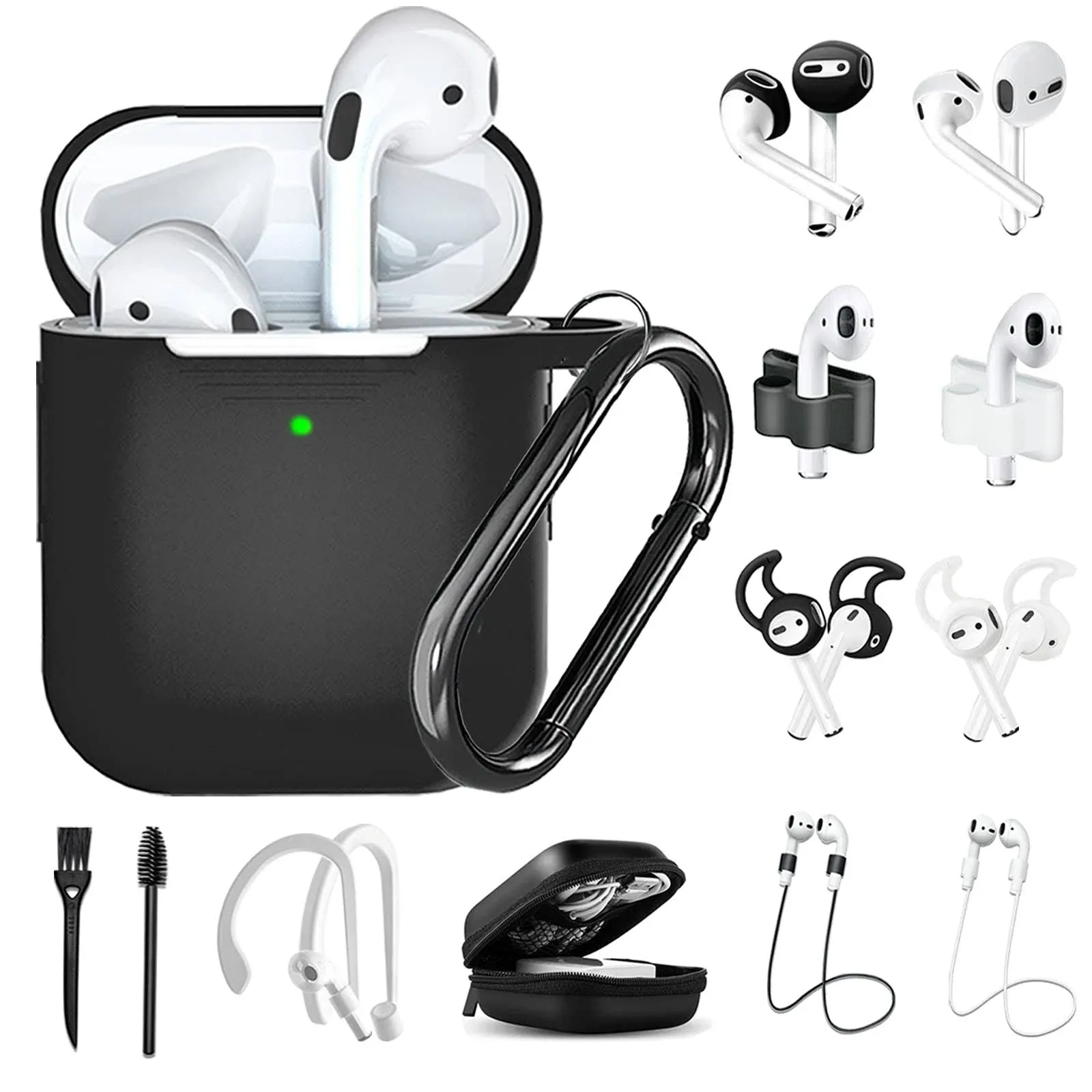 for Airpod Case 14 in 1 Airpod 1&2 Accessories Set Anti-Lost Straps with Keychain/Apple Watch Band Holder/Airpod Ear Tips/Ear Hooks/Carry Case for Airpod Silicone Cover(Black)