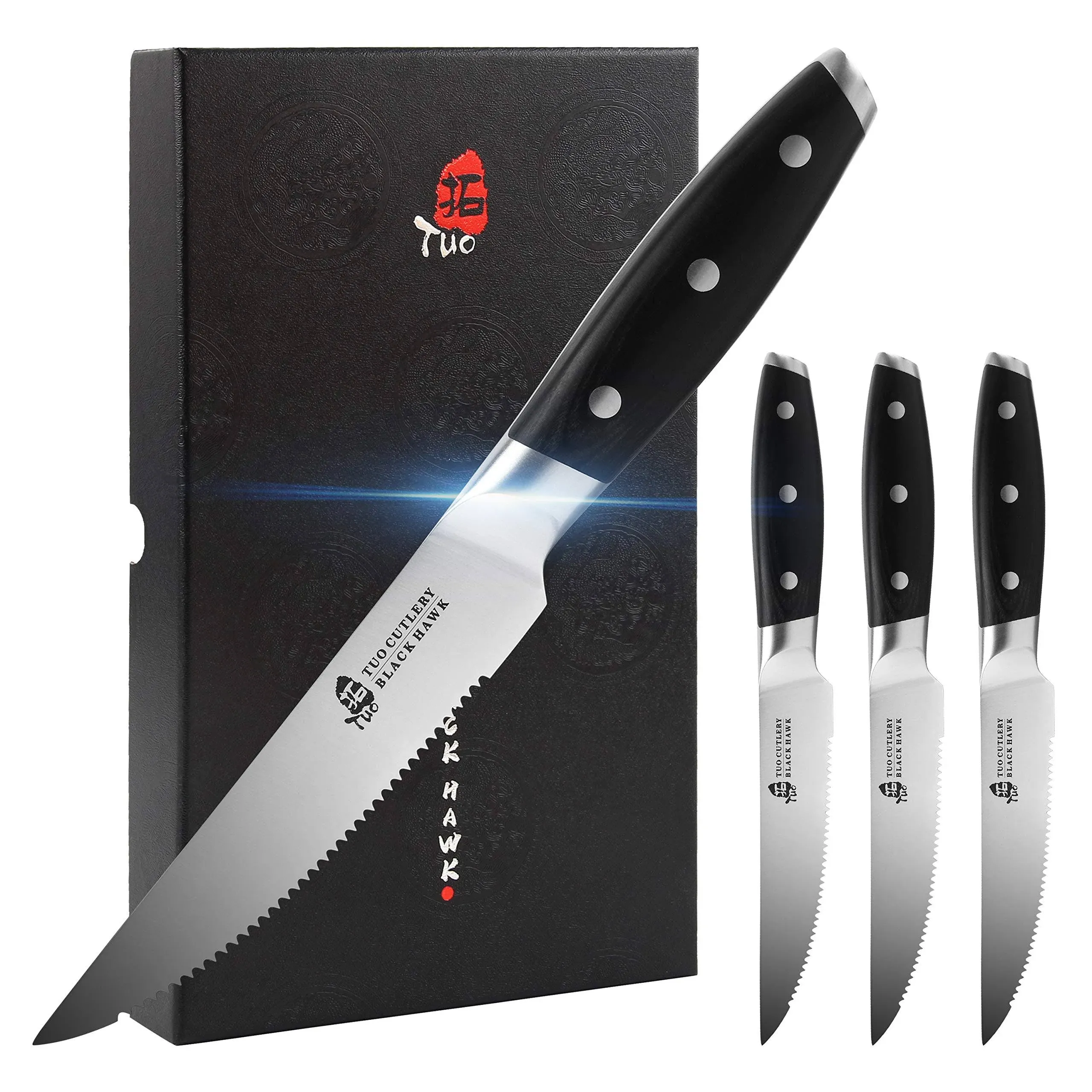 TUO Serrated Steak Knife - 5 inch Professional Kitchen Steak Knife Set 4 - Table Dinner Knife - German HC Stainless Steel Non Slip Pakkawood Handle - BLACK HAWK SERIES Including Gift Box