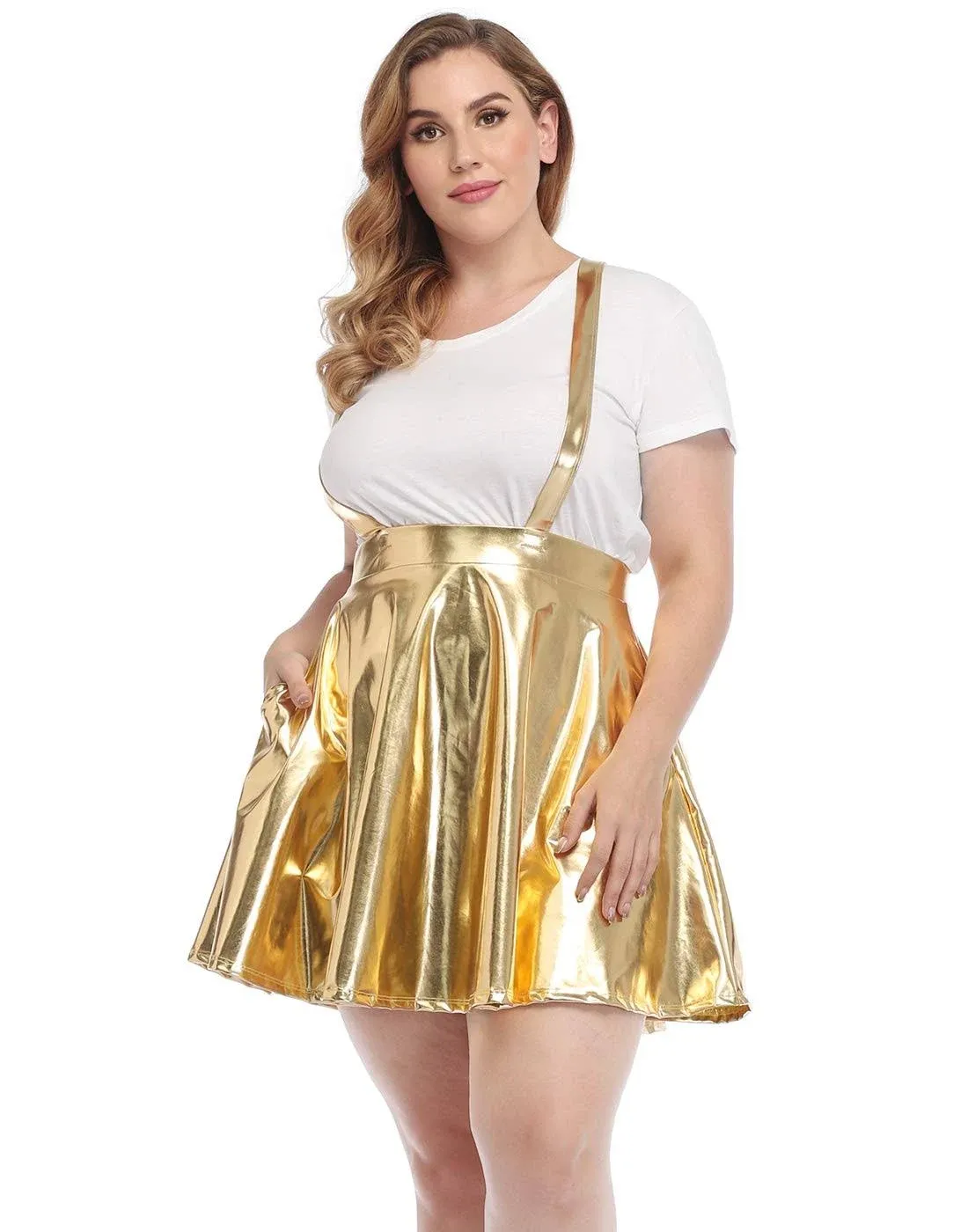 HDE Plus Size Shiny Metallic Suspender Skirt High Waisted Holographic Rave Skirt