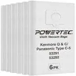 POWERTEC 75053 HEPA Cloth Vacuum Bag Replacement for Kenmore Q & C Style Vacuums, and Panasonic Type C-5, 6-Pack