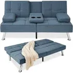 Best Choice Products Linen Upholstered Modern Convertible Folding Futon Sofa Bed for Compact Living Space, Apartment, Dorm, Bonus Room w/Removable Armrests, Metal Legs, 2 Cupholders - Blue