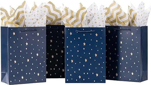 SHIPKEY Gift Bags, 10 Pack Navy Blue with Gold Foil Stars, Kraft Paper Bags with Handles, Bulk for Men, Groomsmen, Christmas Gifts, 8x4x11inch, Includes Tissue Paper