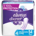 Always Discreet Adult Moderate Long Incontinence Pads, Up to 100% Leak-Free Protection, 54 Count (Packaging May Vary)