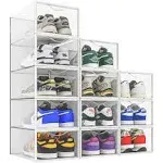 Seseno Snapklik.com : 12 Pack Shoe Storage Bins, Clear Plastic Stackable Shoe Organizer for Closet, Space Saving Foldable Shoe Rack, Shoe Box Sneaker Holder