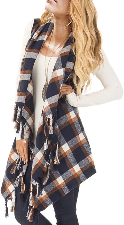 Inorin Womens Sleeveless Plaid Asymmetrical Hem Tassel Drape Open Front Cardigan